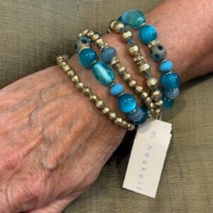 M Haskell 5 strand elastic bracelet-Gold, teal, & clear rhinestones